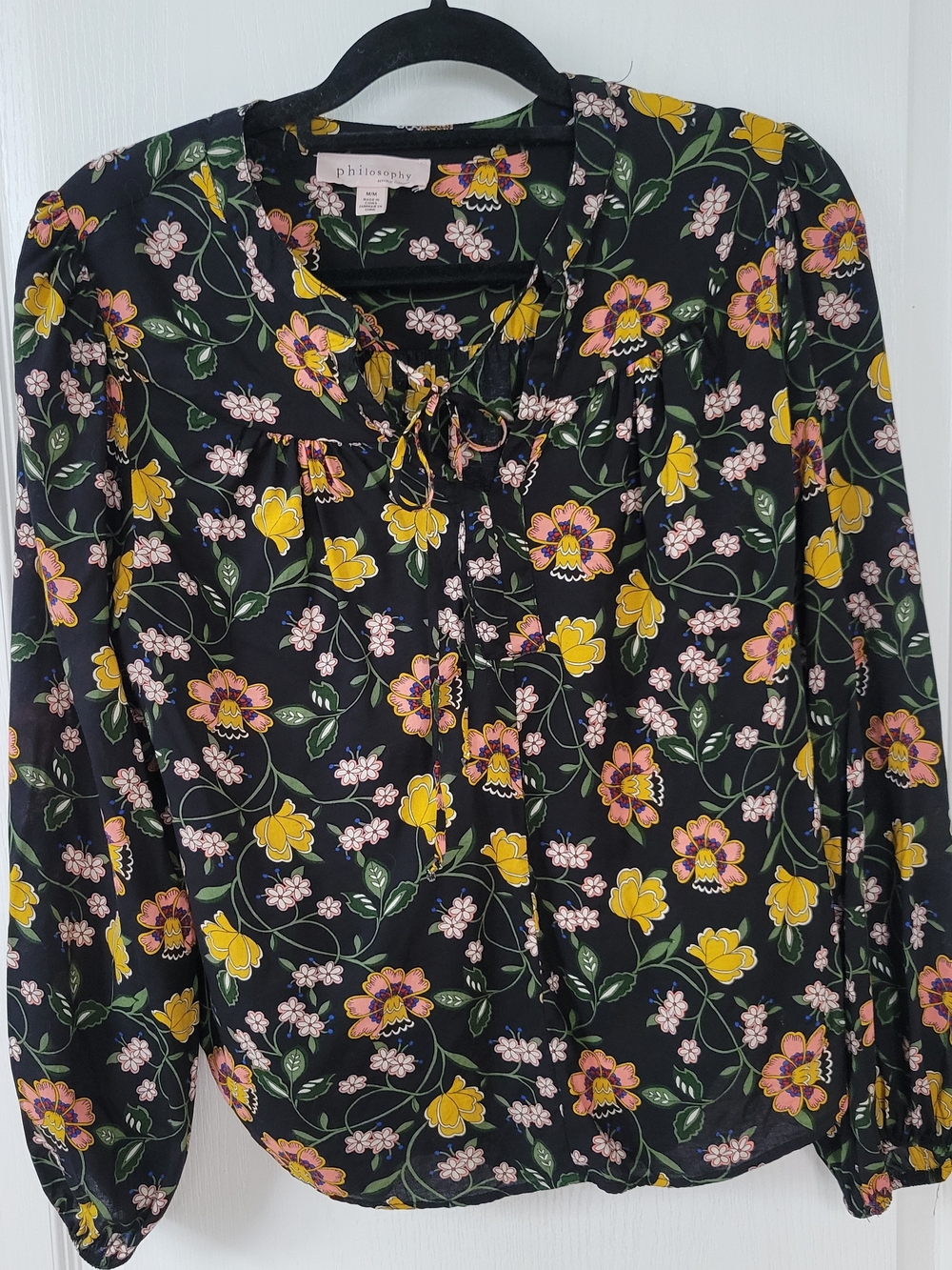 Philosophy Boho Cottagecore Black Floral Long Sleeve Blouse Keyhole Tie Neck M